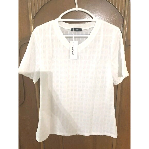 Zenzea Nwt Women’s White Blouse With A Square Pattern Short Sleeve. Size M. B36 - Picture 1 of 6